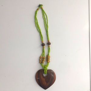 Lime green and wooden heart necklace